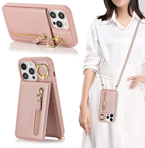 CAVOR Handykette Handyhülle Kompatibel mit iPhone 13 Pro Hülle Mit Band,Flip Leder Geldborse Hülle,[4 Kartenfach][Mit Ring][Reißverschluss],Handytasche zum Umhängeband - Rose Gold