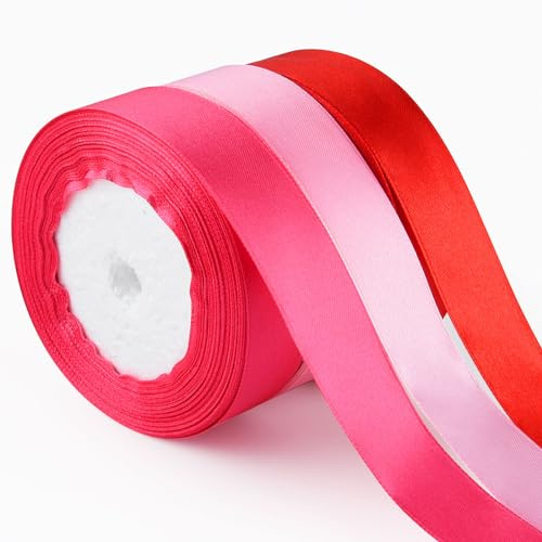 ASTARON Satin Ribbon for Valentine Crafts 1 Inch, Red Pink Solid Color Ribbon Fabric Ribbon for Valentines Day Gifts Wrapping Bouquets DIY Hair Bows Silk Ribbon for Valentines Decorations