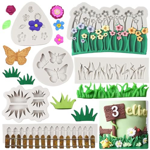 FCKEMLDS Grünes Gras, Silikonform, Garten, Lattenzaun, Fondant, Schmetterlingsformen, kleine Blumenblätter, Formen für Kuchendekoration, Cupcake-Topper, Schokolade, Süßigkeiten, Gummipaste,
