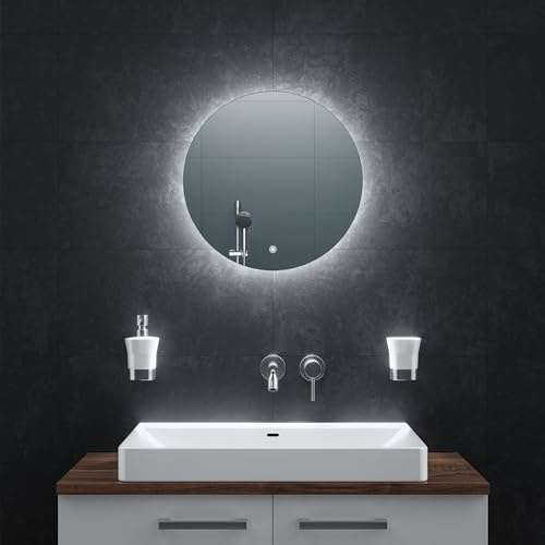 BR Bringer® LED Badspiegel Rund 50 cm Modell BRRS201 dimmbar Anti-Beschlag | Dimmbarer Badezimmerspiegel mit Beleuchtung - 3 Lichtfarben, Touch-Schalter, Anti-Beschlag und praktische Speicherfunktion