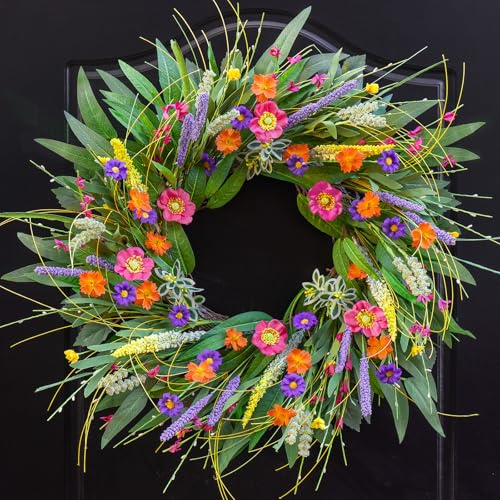 Spring Wreaths for Front Door 24 Inch - Outdoor Spring Summer Wreath with Wildflower and Green Leaves,Front Door Wreath for Farmhouse Home Porch Wall Decor