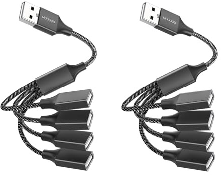 MOGOOD Splitter 1 zu 4, 4 Port USB 2.0 Y Kabel, 2 Pack, für Daten & Strom