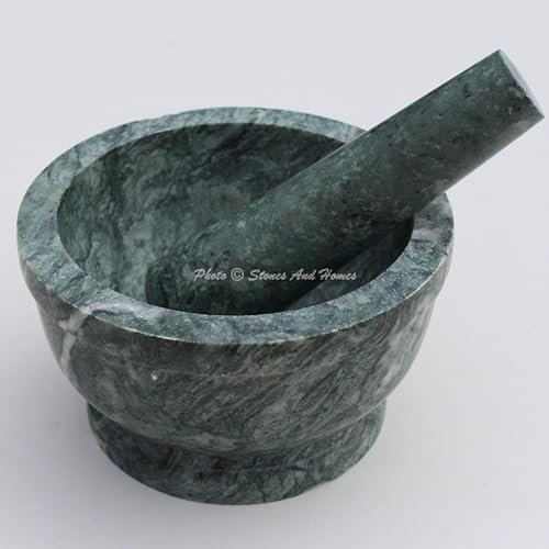 Stones And Homes Juego de mortero y mortero verde indio con cuenco grande de mármol, hierbas, especias, piedra molcajete de piedra para el hogar y la cocina, 13 x 8 cm