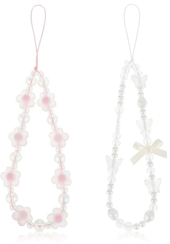 2 Pack Beaded Phone Bracelet Strap Crystal Butterfly Flower Pearl Phone Charms Strap Colorful Acrylic Beaded Phone Charm Wrist Strap Handmade Mobile Phone Chain for Women Anti-Lost Lanyard