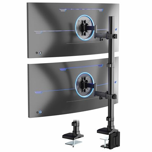 VIVO Dual Vertically Stacked Ultra-Wide Monitor Desk Mount with Extension Arms, Extra Tall Heavy Duty Adjustable Stand for 2 Ultrawide Screens up to 43 inches, 50 lbs Capacity, Black, STAND-V202T