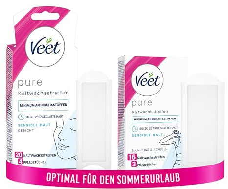 Haarentfernungsset mit Veet Pure Kaltwachsstreifen für das Gesicht + Veet Pure Kaltwachsstreifen für Bikinizone & Achseln – Mit einem Minimum an Inhaltsstoffen für langanhaltend glatte Haut​