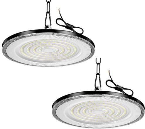 Viugreum 2 Paquetes de UFO LED 200W, Proyector LED exterior 20000LM, Blanco Frío 6500K, AC 85-265V IP65 Impermeable Iluminación de Taller, Led Industrial UFO con Cadena para Fábrica Taller Gimnasio