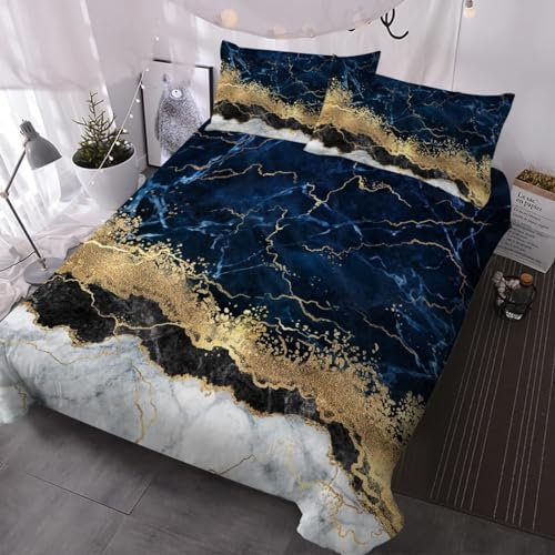LUYAPOND Sommerbettwäsche 135x200 Blau-Gold-Marmor Bettwäsche 135x200 Set für Kinder, Weich Atmungsaktive Mikrofaser Bettbezüge, 1 Bettbezug mit Reißverschluss + 1 Kissenbezug 80x80 cm