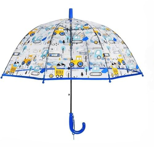 Generisch Kinder Clear Bubble Regenschirm Transparente Kuppel Durchsichtige Kinder-Regenschirme für Jungen und Mädchen mit kneifsicherem Verschluss und griffigem Hakengriff (Blauer Bagger)