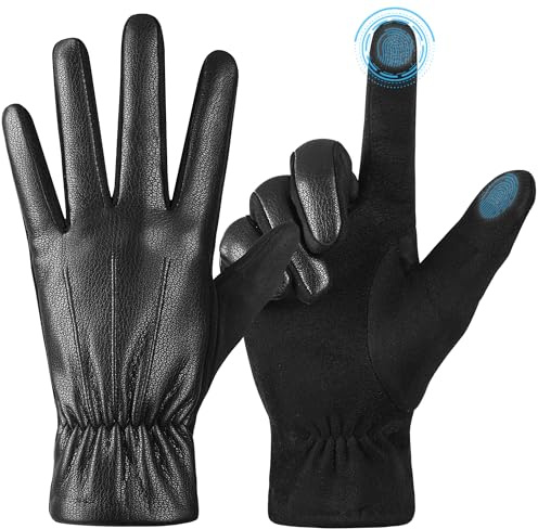 alqqas Winter Fashion Leather Gloves for Men, Finger Touchscreen Texting Wool Lined Warm Windproof Suede Driving Gloves