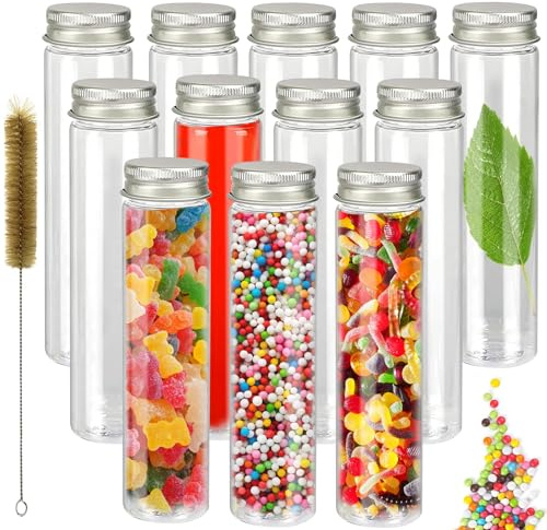 GUIANLOU 12 Piezas Tubos De Ensayo De Plástico,Tubos De Ensayo Transparentes,Tubo De Ensayo Con Tapa De Roscas Con 1 Cepillo De Limpieza,Tubo De Ensayo Laboratorio,Para Flores,Regalos, Bodas,Dulces