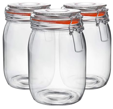Neo Pack of 3 Canisters Tableware Scandi Glass Storage Jars with Airtight Silicone Seal Metal Clip Top Lids Modern Kitchen Pantry Food (1L)