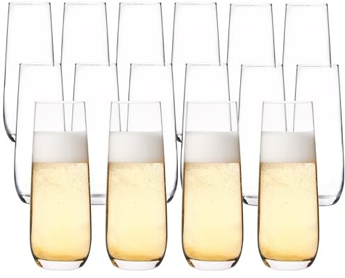 YANGNAY Stemless Champagne Flutes Set of 16, 8 oz - Clear Glass Toasting Glasses for Mimosa - Elegant Beverage Glassware