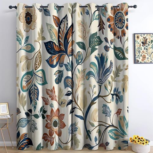 100% Blickdichte Vorhänge mit Vintage Botanischem Blumen, Verdunkelungsvorhang Gardinen 2er Set Beige Blau Retro Pflanzen Floral Thermovorhang Ösenvorhang für Schlafzimmer Wohnzimmer B 140 x H 200 cm