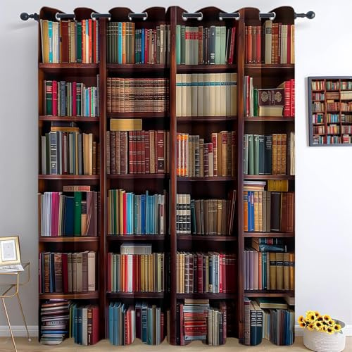 Vorhänge Blickdicht 2er Pack Vintage Bücherregal Bücher Weicher Thermogardinen Kälteschutz Winter Verdunklungsvorhänge H 245 x B 100 cm Ösenvorhang für Schlafzimmer Wohnzimmer, Bunt