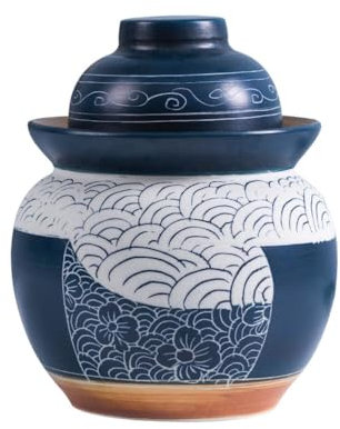 BDMRY Chinese Ceramic Fermenting Jar With Fermentation Lids, Fermenting Crock With Water Seal Airlock Lid, Ceramic Sealed Pickles Jar Fermentation Starter Kit Jars blue-5L