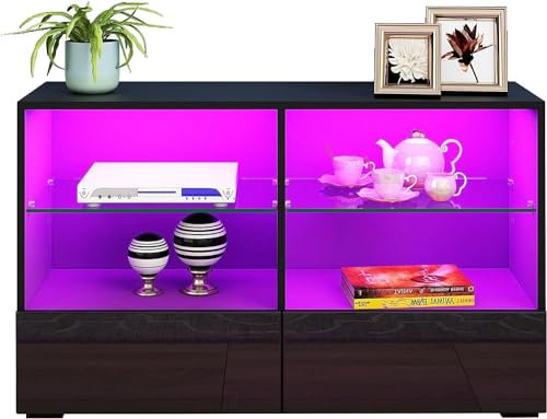 Meuble TV LED brillant avec rangement moderne de 100 cm, 4 étagères ouvertes, 2 tiroirs pour le salon, la maison, noir