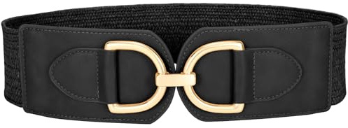 VONMELLI Damen Breiter Elastischer Taillengürtel für Kleider Strohgürtel Vintage Dehnbarer Geflochtener Gürtel Boho Damengürtel mit Goldener Schnalle