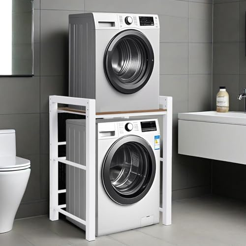 Meuble Machine à Laver, Meuble Machine à Laver et Seche Linge, Etagere Machine a Laver, Sans perçage, réglable en Hauteur, Armoire en Bois et MéTal, Capacité de Charge de 300 Kg