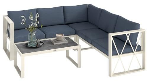 Outsunny Set di Mobili da Giardino 4 Pezzi, Salotto da Esterno Angolare con 2 Divano a 2 Posti, Poltrona Reclinabile a 5 Livelli, Tavolino da Caffè in DPC e Cuscini Lavabili, in Acciaio, Grigio