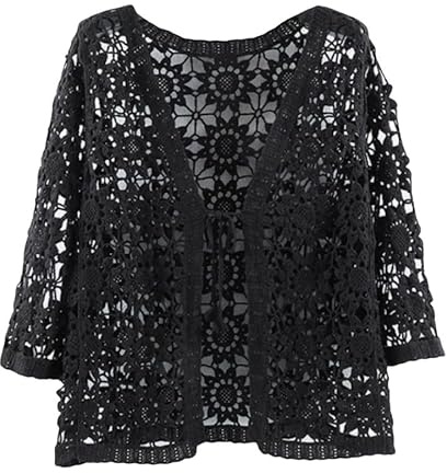 Cárdigan Tipo Bolero De Encaje con Mangas 3/4 para Mujer, Cárdigan Corto Transparente De Crochet, Chaqueta con Lazo Frontal, Blusa Elegante para Cubrir Vestidos De Noche Informales, Negro, Talla