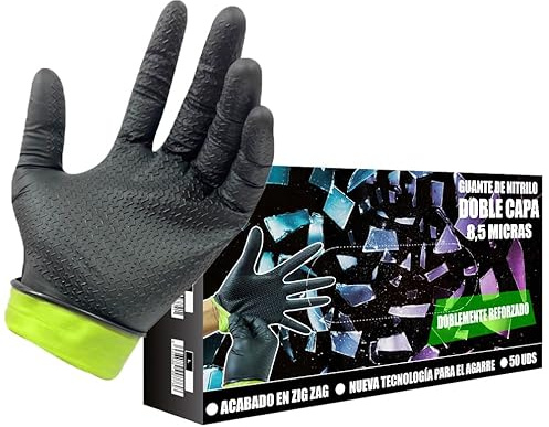 Guantes de Nitrilo DOBLE CAPA EXTRA GRIP ULTRA resistentes Reutilizables 8,5 micras / 10 gramos, pack de 50