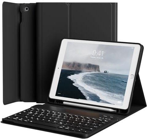 JKSML Hülle mit QWERTZ Tastatur für iPad 9./ 8./ 7. Generation - Schwarz | Abnehmbarer Kabellose Deutsche Schwarz Tastatur, TPU Hülle mit Stifthalter, für iPad 2021/2020/2019 model 10,2 Zoll
