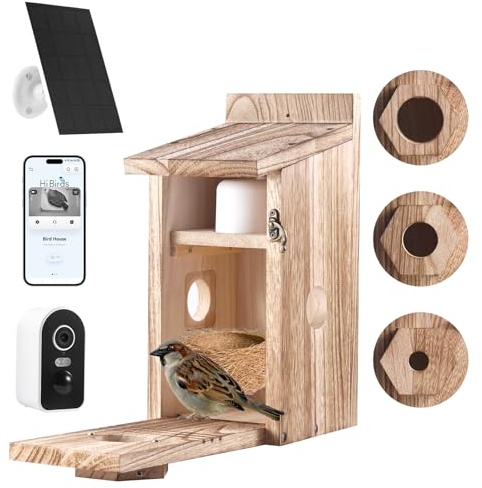 Fågelholkar med 5MP Kamera, Fågelholkar med Rovdjur Vakt Utomhus Väderbeständig, 2,4G WiFi & Appmeddelande, Video/Fotoinspelning och Rörelsedetektering, Titta på Boet och Kläckning, Soldrift, A