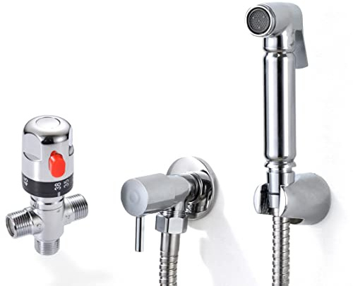 Xcel Home Chrome Thermostatic Bidet Shower Spray Douche | Shattaf | 2 Sets | Brass Wall Mount Muslim Shattaf Head Kit | Adjustable Pressure | Hygienic Toilet Sprayer | Bracket, Fittings & Hose