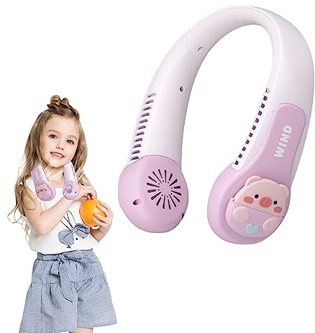 Portable Neck Fan for Kids, 1200mAh Neck Fan with 3 Speeds Adjustable, Cute Cartoon Design, USB Rechargeable, Wearable Hands Free Bladeless Mini-Fan, for Boys and Girls, Students (Purple)