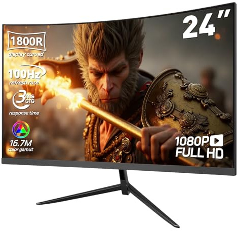 ReHisk 24 1080P Curved Gaming Monitor, 1800R FHD 100Hz Computer Monitor, 3ms Response Time, FreeSync, Eye Care, HDMI/DP, Built-in Speakers, VESA Mount