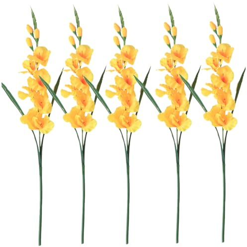 Jorzer Gladiolus Artificial Flowers 5Pcs 25.6 Long Stem Realistic Gladiolus with 3 Buds and 7 Flowers Low Maintenance Decorative Faux Greenery Yellow