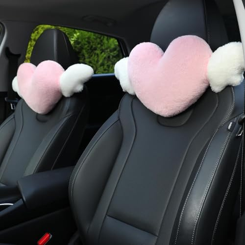 Yimuzche - 2 almohadas de reposacabezas de coche con forma de corazón de peluche con ángel alas y cojín de cuello suave y cómodo Kawaii para conducción de viaje (rosa)