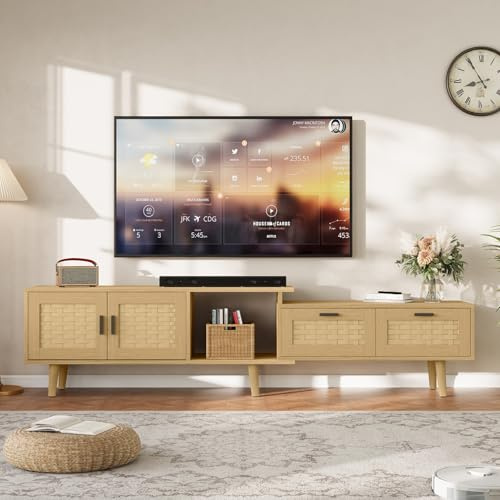 Teahutty TV-Schrank aus Holz, mit 2 Türen und 2 Schublade, 1 offener Stauraum, Rattan-Dekoration TV Sideboard, Fernsehschrank mit Massivholzfüße, für 75-Zoll-Fernseher (Braun, 115x30x44 cm)