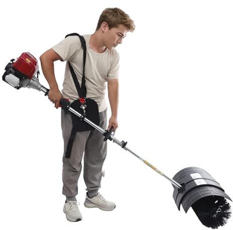 Power Broom, 4 Stroke Lawn Yard Sweeper, Brush Broom Driveway Sweeper Artificial Grass Snow Clean, Outdoor Handheld Gasoline Power Brooms with Front Handle, Shoulder Strap, for Patio Driveway Street