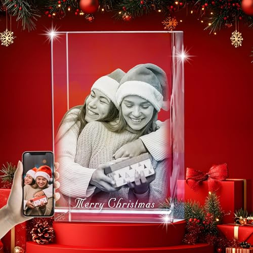 ougiver Foto di cristallo 3D personalizzata, base luminosa multicolore opzionale, confezione regalo, immagine di cristallo incisa al laser personalizzata per mamme, papà, compleanni, Natale e