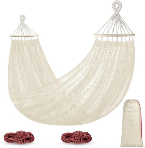 Amaca da campeggio per esterni, in nylon a rete traspirante, con aste in legno e borsa per il trasporto, 290 cm x 150 cm, bianco, per campeggio, spiaggia e giardino