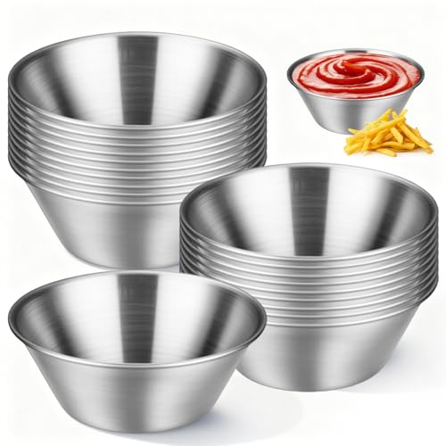 QYRDBGY 20 Pcs 304 Stainless Steel Condiment Sauce Pots, 1.7oz/50ml Small Dipping Bowls Portion Cups Sauce Dishes Cooking Ramekins for Barbecue Restaurant Party