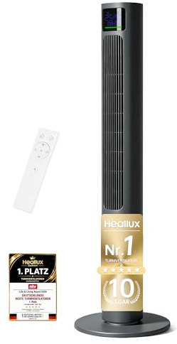 HEALLUX Ventilatore a torre, 115 cm, grigio, silenzioso, con telecomando, portata di 10 m, 4 livelli e 4 modalità, orientabile a 90°, timer da 12h, a risparmio energetico, per soggiorno, camera da