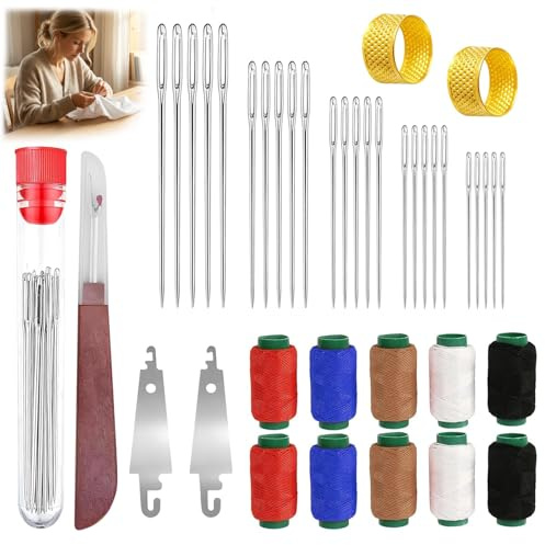 PELARISE Set di 41 aghi da cucito con occhiello grande, 5 misure in acciaio, set di aghi da cucito e infila ditale, accessori da cucito, aghi da ricamo per principianti, fai da te e in viaggio