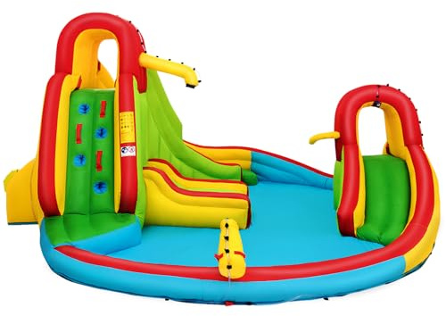 FANTASK Aufblasbare Hüpfburg, 511 x 400 x 240 cm, Wasserhüpfburg für Kinder mit Wasserrutsche, Kletterwand, Planschbecken, Wasserkanone & Basketballkorb, Wasserpark für Außenbereich