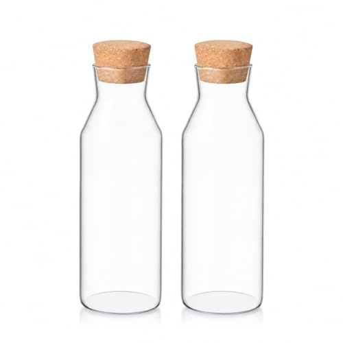 Eden & Willow 2 Pcs Carafe Glass Bottles 1L, Water Carafe Jug with Cork Lid, Borosilicate Glass Bottle for Hot & Cold Drinks, Refillable Laundry Detergent Jar, Juice Cocktail Jug for Fridge
