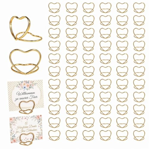 60 Stück Tischkartenhalter Gold, Metall Herzförmige Kartenhalter Fotohalter | Kartenständer Memohalter Menükartenhalter Tischkarten, Hochzeit Tischnummern Party Büro Geburtstag