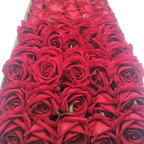 cn-Knight 50pcs Künstliche Rosen Blumenkopf,Großhandel 25cm Samt Seide Rose mit Drahtstiel,Echt Aussehende Fake Blume für Hochzeit,Brautstrauß,Heimdekoration,Blume Wand,Rot