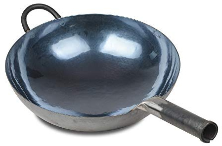 ZhenSanHuan Handgehämmerte Eisen-Wok-Pfanne mit rundem Boden, 36 cm im Durchmesser, Eisengriffstange inklusive Silikonschutz-Überzug sowie einem Haltegriff