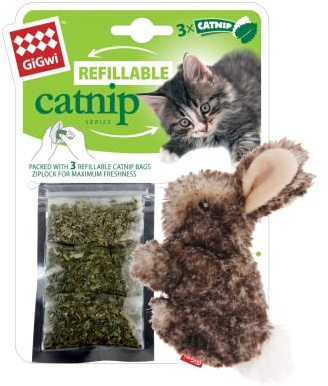 GiGwi Juguete de Hierba gatera para Gatos de Interior y Exterior, Juguete Recargable para Gatos con Hierba gatera, Conejo Ziplock, Color marrón