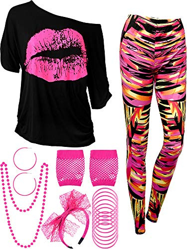 Blulu 80er Jahre Damen Kostüm Set, T Shirt, Legging Hose Ohrring Halskette Handschuhe Armband(Kurz Ärmel Geometrische,XL)
