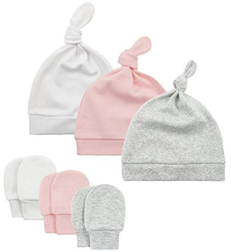 Durio Neugeborenes Babymütze und Handschuhe Set Knoten Beanie Hut Kratzfäustlinge Baby Jungen Mädchen 0-6 Monate Weiß Rosa u. Grau