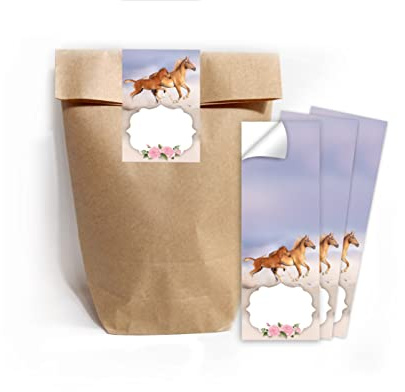 Junapack 12 Geschenktüten (Natur) + 12 Aufkleber Pferd mit Fohlen für Mitgebsel Gastgeschenk beim Kindergeburtstag Mädchen