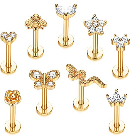 CASSIECA 9 Stück Edelstahl Lippenpiercing Stud Labret Piercing für Frauen Männer 16G CZ Blume Herz Biene Schmetterling Schlange Labret Ohrstecker Knorpel Helix Tragus Ohrringe Lippe Piercing, 6mm 8mm